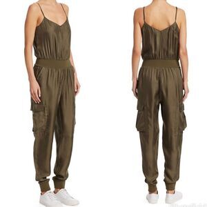Cinq a Sept- Amia Olive Green Tank Satin Jumpsuit Cargo Pockets, Size XL